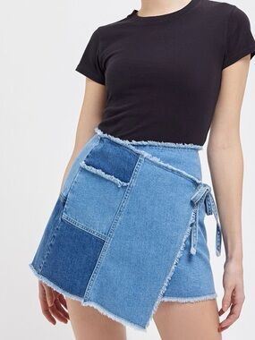 SHEIN Two-Tone Patchwork Denim Wrap Skirt - Light & Dark Blue 85% Cotton